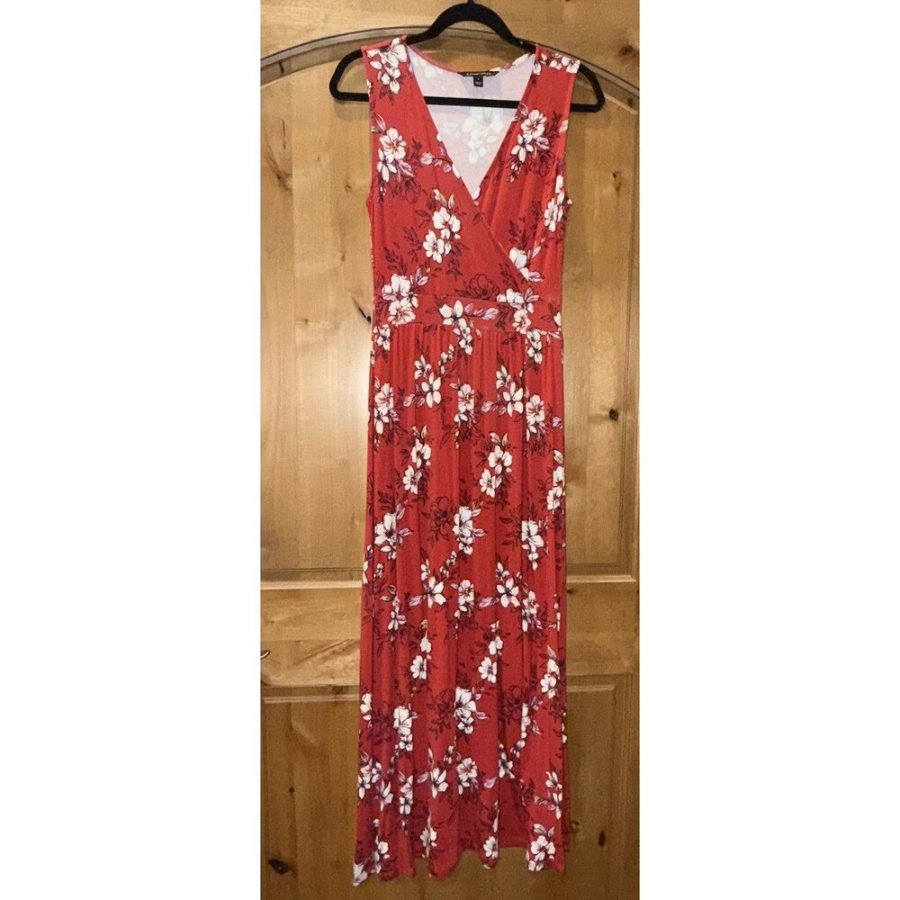 41 Hawthorn Women's Adelina Maxi Red Floral Knit Stretchy V-Neck Dress Sz Small